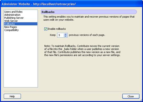 In the Rollbacks category you can choose whether or not Contribute maintains previous versions of pages that are edited.