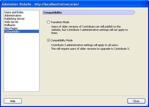 The Compatibility category enables you to choose between Transition Mode and Compatibility Mode.