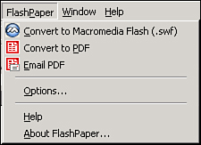 The FlashPaper menu is added to Microsoft Word when FlashPaper is installed with Contribute.