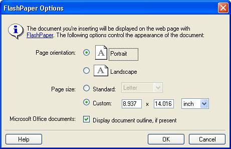 Specify the attributes for the resulting FlashPaper document.