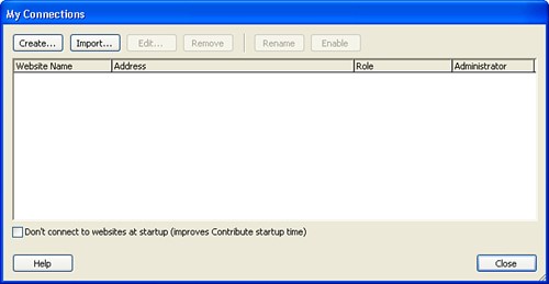 The My Connections dialog box enables you to connect to websites.