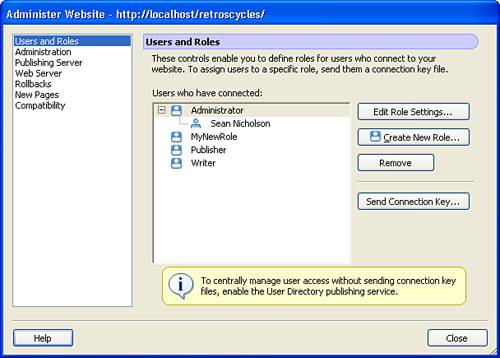 The Administer Website dialog box allows you to configure users and their roles.