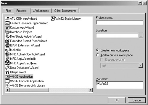 The New Project dialog box in Visual C++ 6.0.