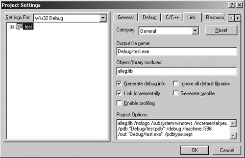 The Project Settings dialog box in Visual C++ 6.0.