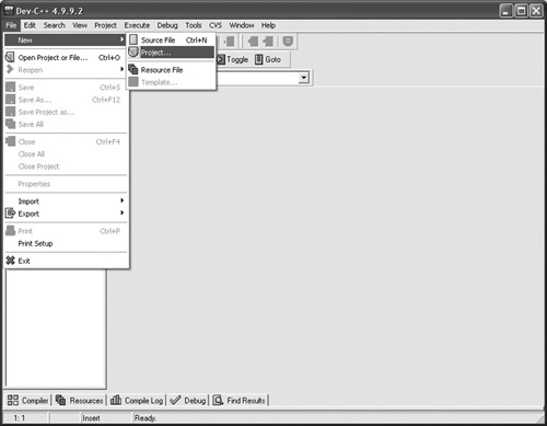 Opening the New Project dialog in Dev-C++.