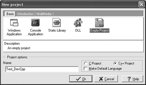 The New Project dialog in Dev-C++.