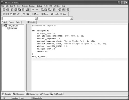 Typing in the source code for a test program in Dev-C++.