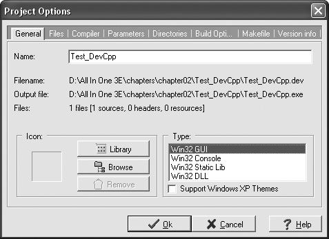 Changing the project options in Dev-C++.