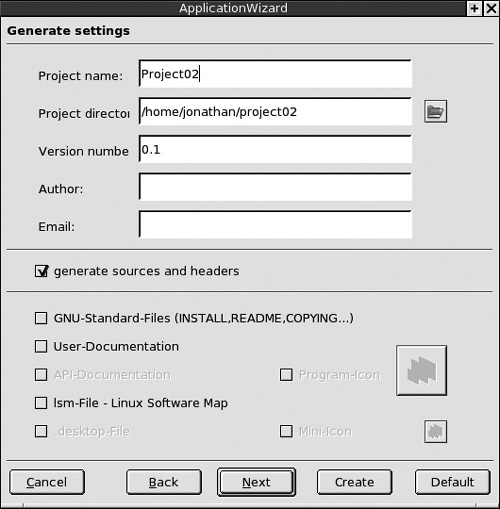 Setting parameters in KDevelop's ApplicationWizard.