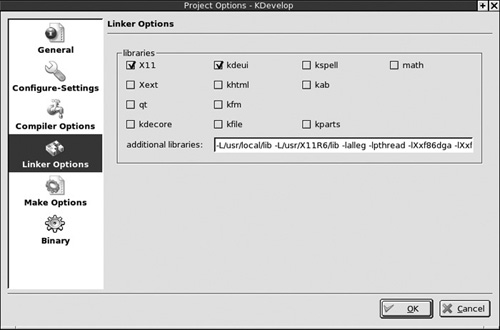 The Project Options dialog box for compiling an Allegro program with KDevelop.