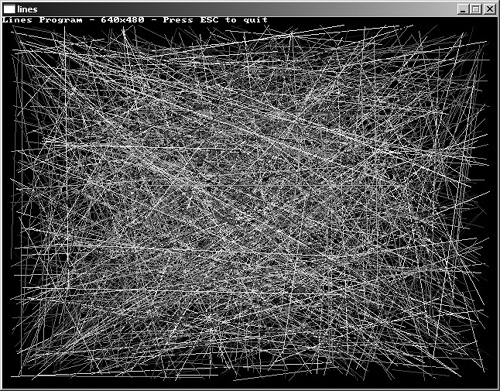 The Lines program draws random lines on the screen.