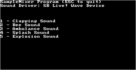 The SampleMixer program demonstrates the sound mixer provided by Allegro.