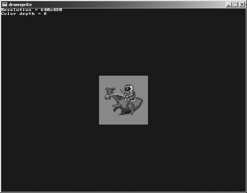 A high-color sprite drawn to the screen with a default 8-bit color depth. Sprite image courtesy of Ari Feldman.