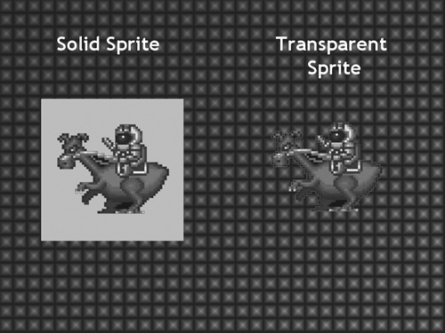 The difference between a sprite drawn with and without transparency. Sprite image courtesy of Ari Feldman.