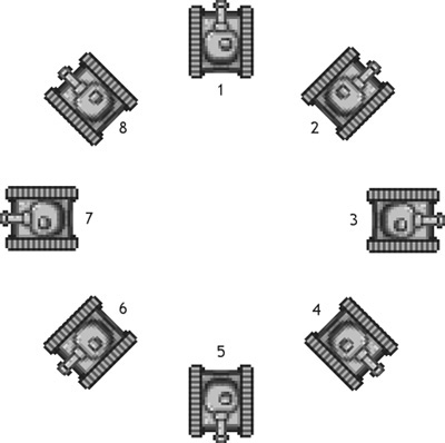 The tank sprite (courtesy of Ari Feldman) rotated in eight directions.