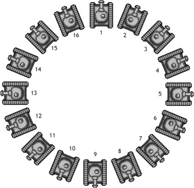 The tank sprite (courtesy of Ari Feldman) rotated in 16 directions.