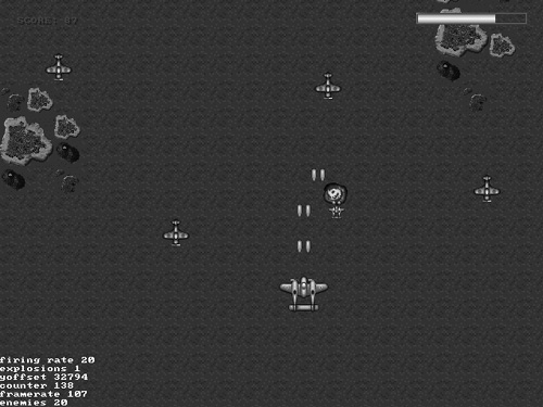 The firing rate of the player's P-38 fighter plane is improved with power-ups.