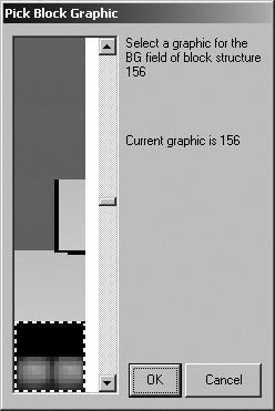 The Pick Block Graphic dialog box is used to select a tile for each of the four scroll layers.