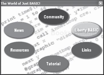 The World of Just BASIC! window provides single-click access to a number of helpful programming resources.