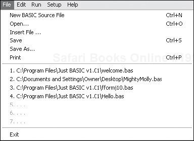 The File menu provides commands for creating and opening BASIC programs.