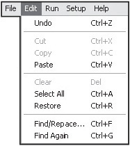 Accessing commands located on the Just BASIC’s Edit menu.