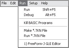 The Run menu provides access to commands that execute BASIC programs.