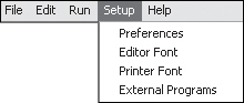 The Setup menu provides access to windows that control Just BASIC’s configuration settings.