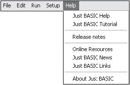 Just BASIC provides access to extensive help information and resources.