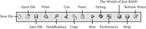 The Just BASIC toolbar provides single-click access to commonly used commands.