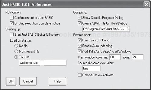 Configuring Just BASIC preference settings.