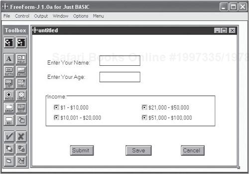 FreeFrom-J is an external program supplied with Just BASIC that assists in the development of GUIs.