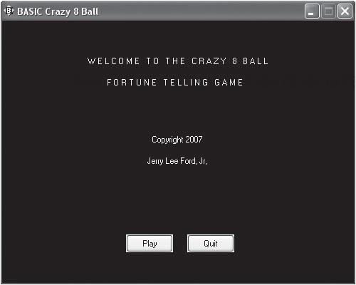 The opening window for the BASIC Crazy 8 Ball game.