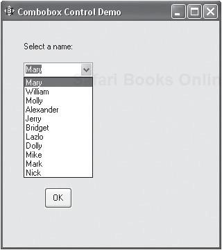 An example of a combobox control loaded with items.