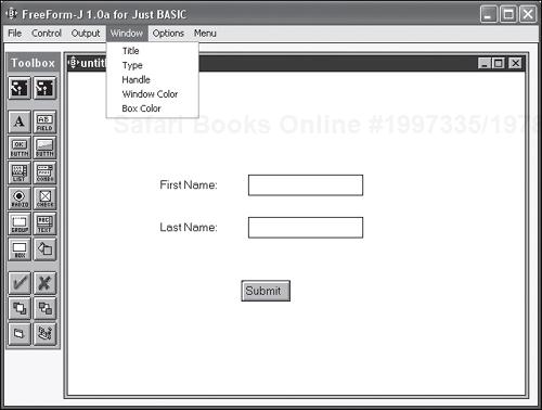 Using FreeForm-J to configure window properties.