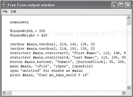 Instructing FreeForm-J to provide you with the program code required to regenerate the newly designed application window.