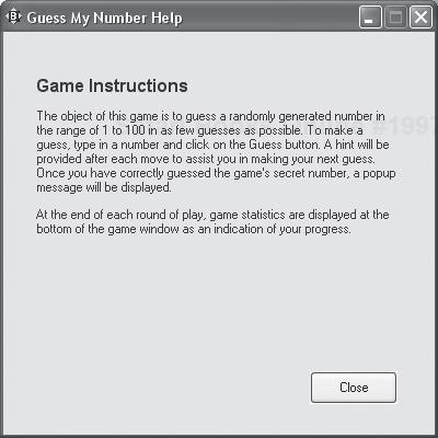 The Help window provides the playerwith instruction on how to play the game.