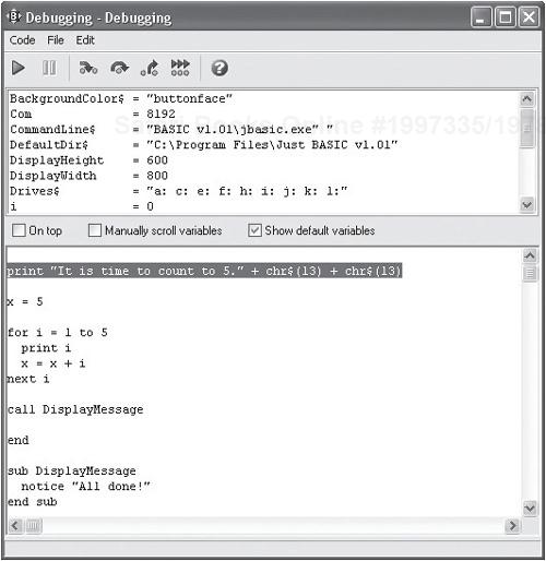 Viewing all of the variables being managed by Just BASIC as your program executes.