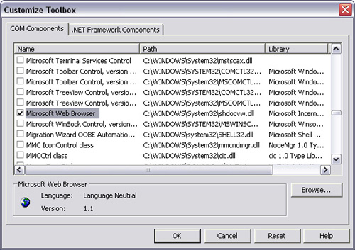 Visual Studio .NET, Customize Toolbox dialog.