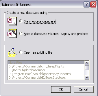 Microsoft Access, new database dialog.