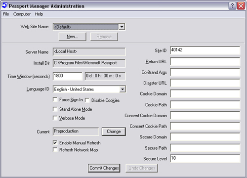 .NET Passport Manager Administration dialog.