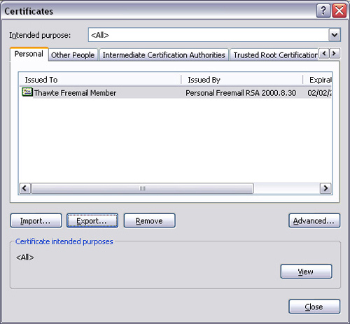 Internet Explorer Certificates dialog.