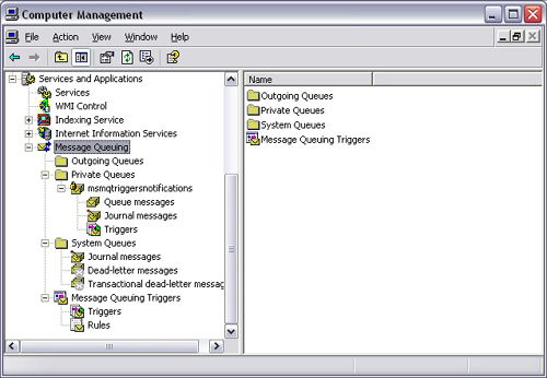 Computer Management dialog, MSMQ console.