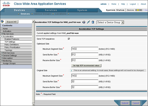 Configuring TFO Buffer Settings from the CM GUI