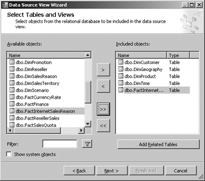 Selecting tables and views