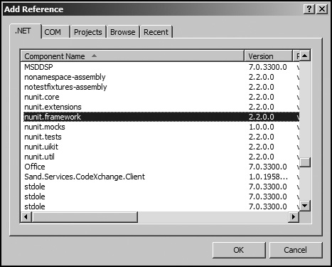 Add Reference dialog for the NUnit framework.