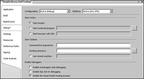 Debugging property page.