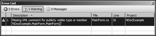 Missing comment warning in the Visual Studio C#.NET task list.