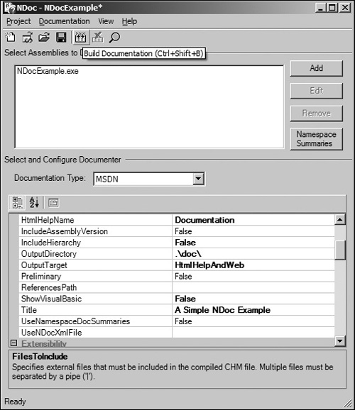 Main NDoc interface showing the loaded assemblies and project properties.