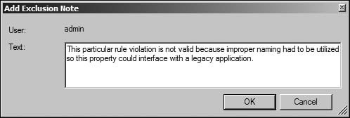 Dialog used to specify a reason why a rule violation was excluded.