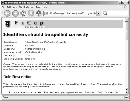 Documentation web page detailing a spell check exception.